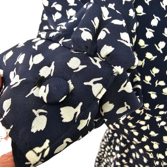 80s Puritan Collar Dress Blouson Drop Waist 3/4 Sleeve Navy White Act II Size 16 - Picture 9 of 12